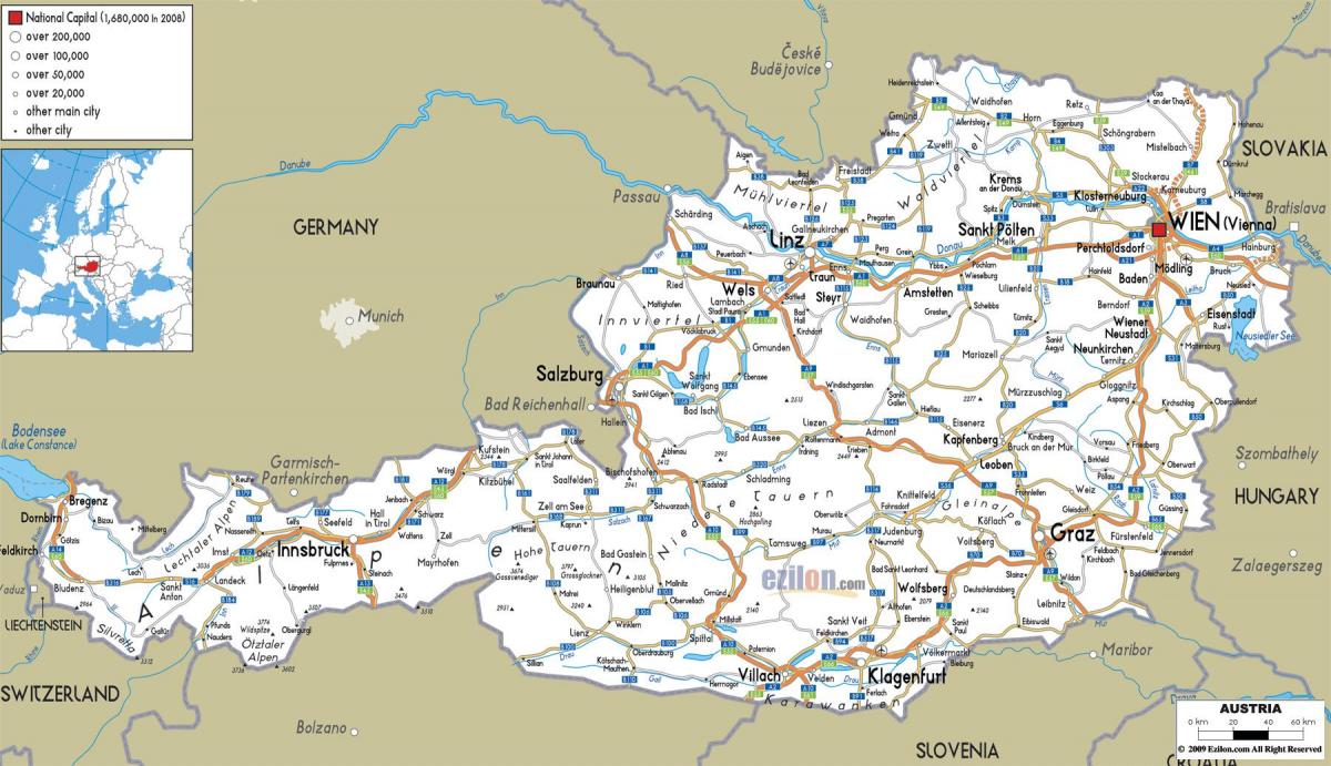 detaljert kart over østerrike med byer